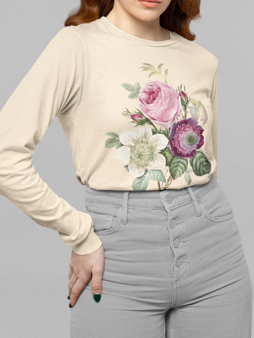 Anemone Vintage Floral Print Long Sleeve Graphic Tee T-shirt S-XXL